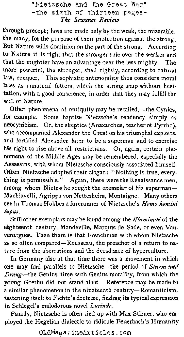 Nietzsche and World War One (Sewanee Review, 1920)