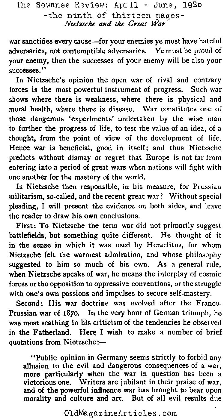 Nietzsche and World War One (Sewanee Review, 1920)