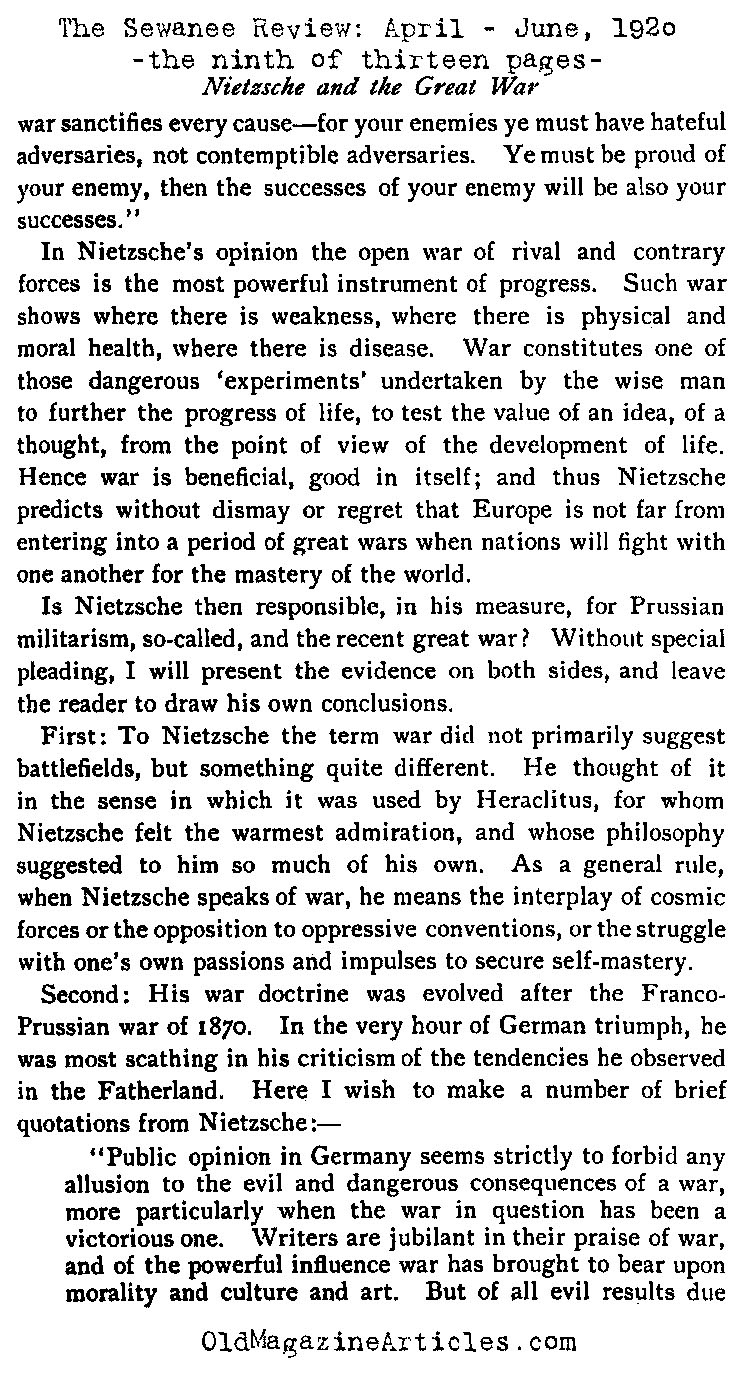 Nietzsche and World War One (Sewanee Review, 1920)