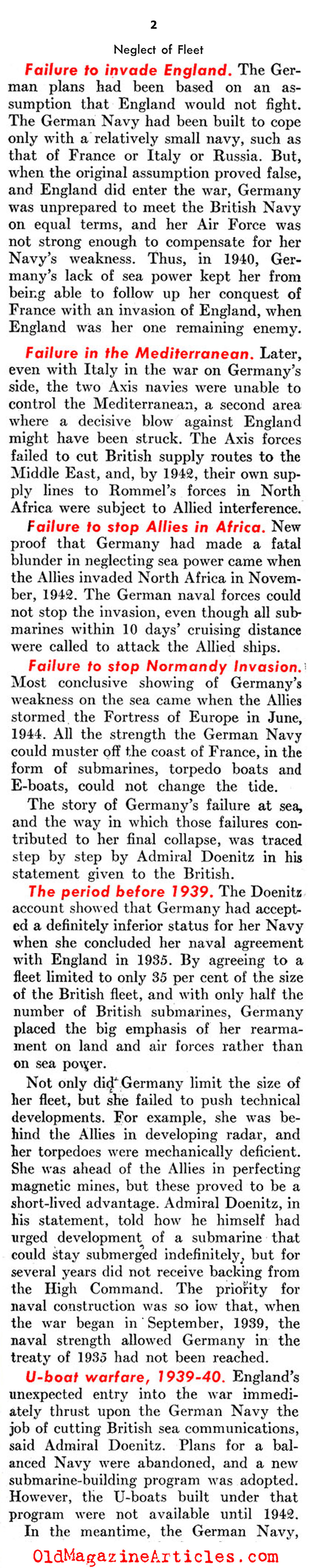 The Lack of German Naval Power (United States News, 1946)