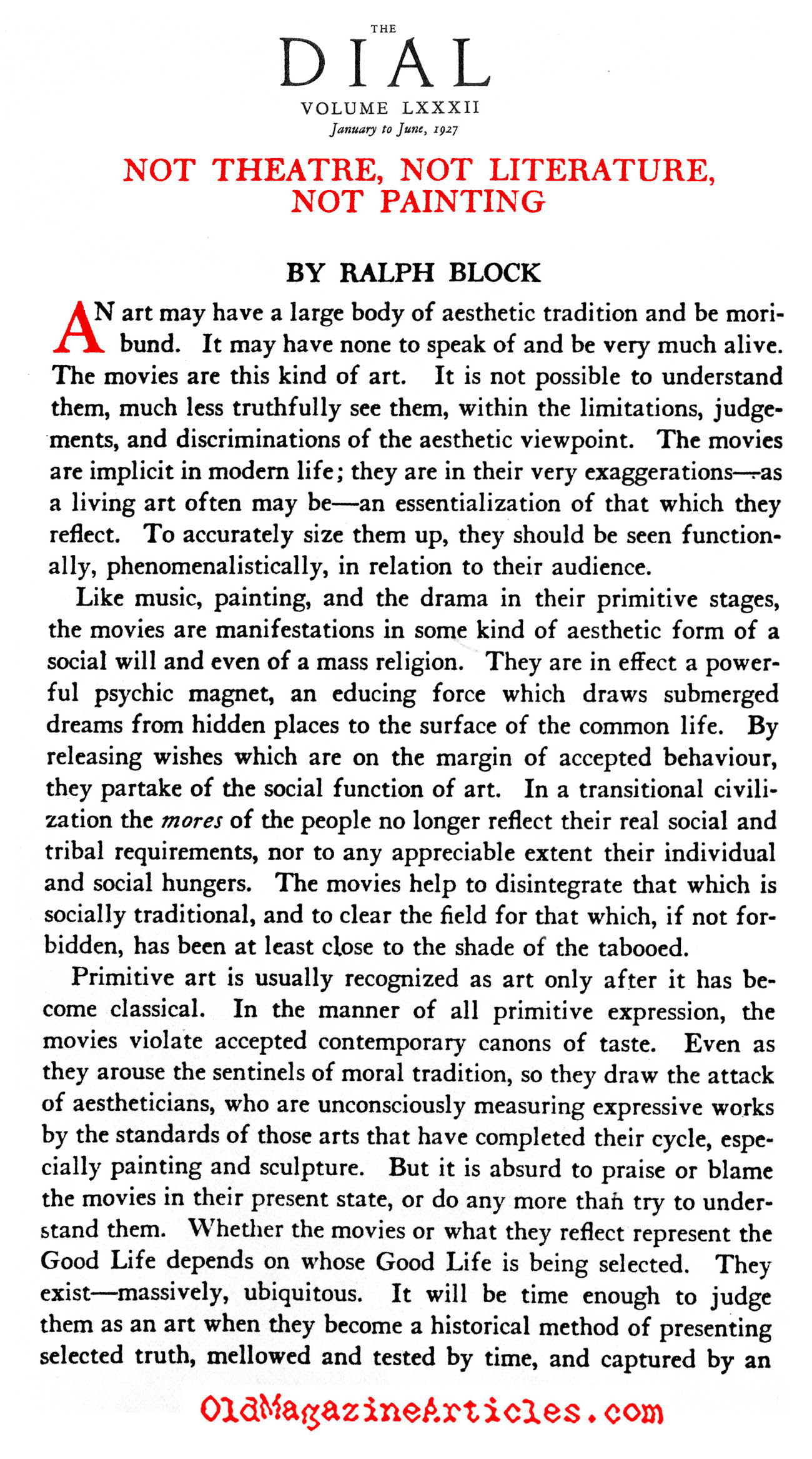 ''Film Cannot Be Art'' (The Dial Magazine, 1927)
