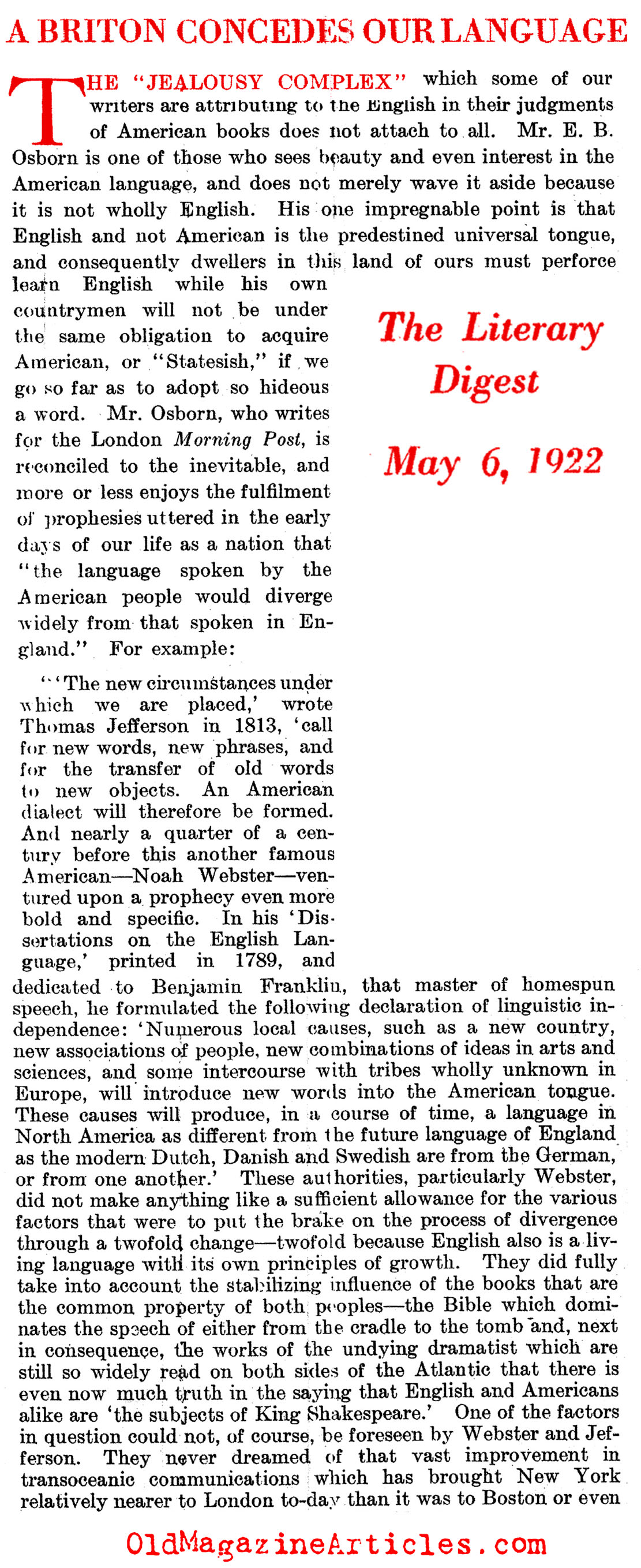 American English is Better Than U.K. English... (Literary Digest, 1922)