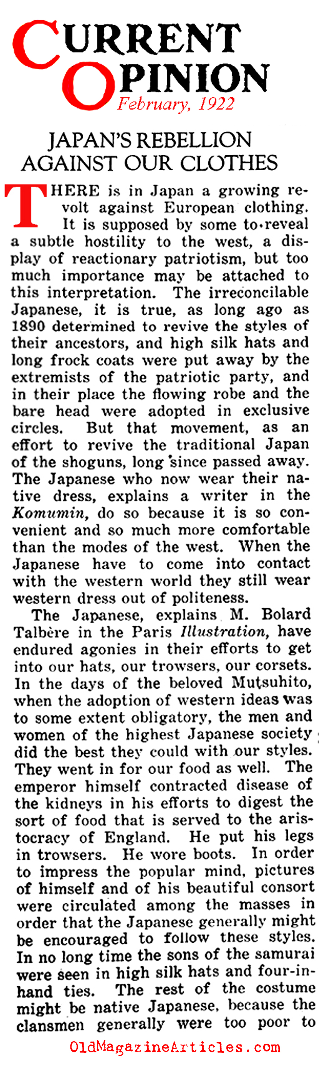 Japan's Rebellion Against  Western Fashions<BR> (Current Opinion Magazine, 1922)