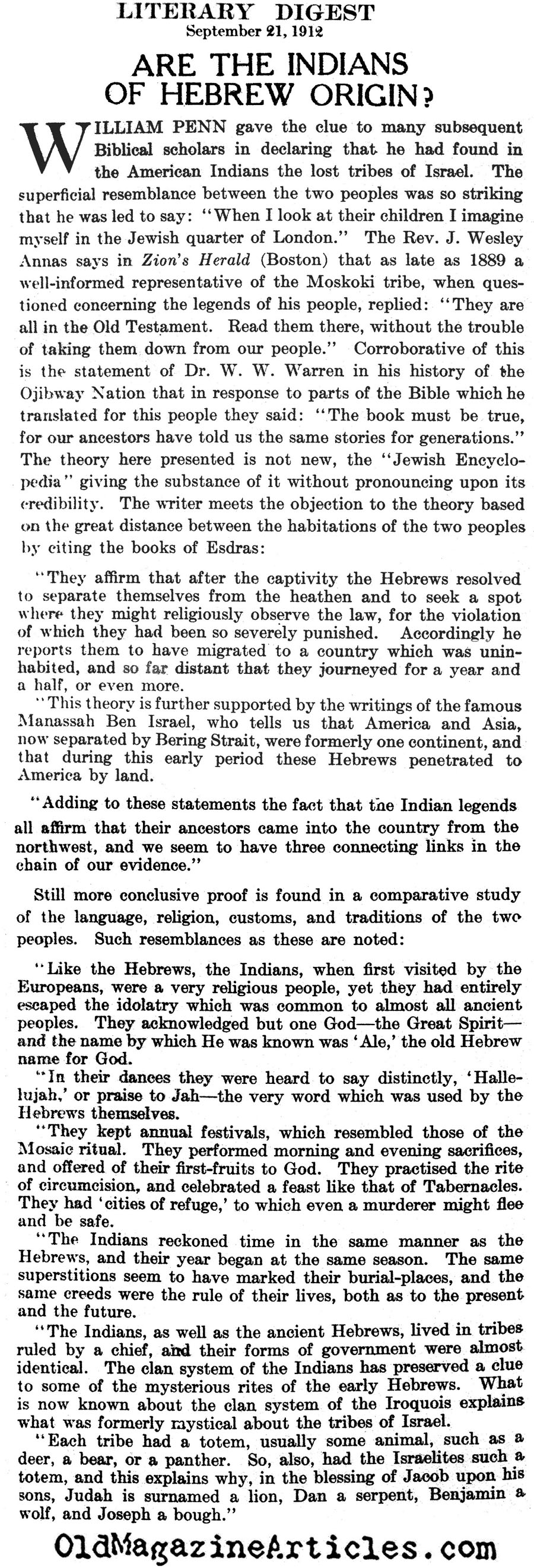 Are the Native Americans of Jewish Origin?  (The Literary Digest, 1912)