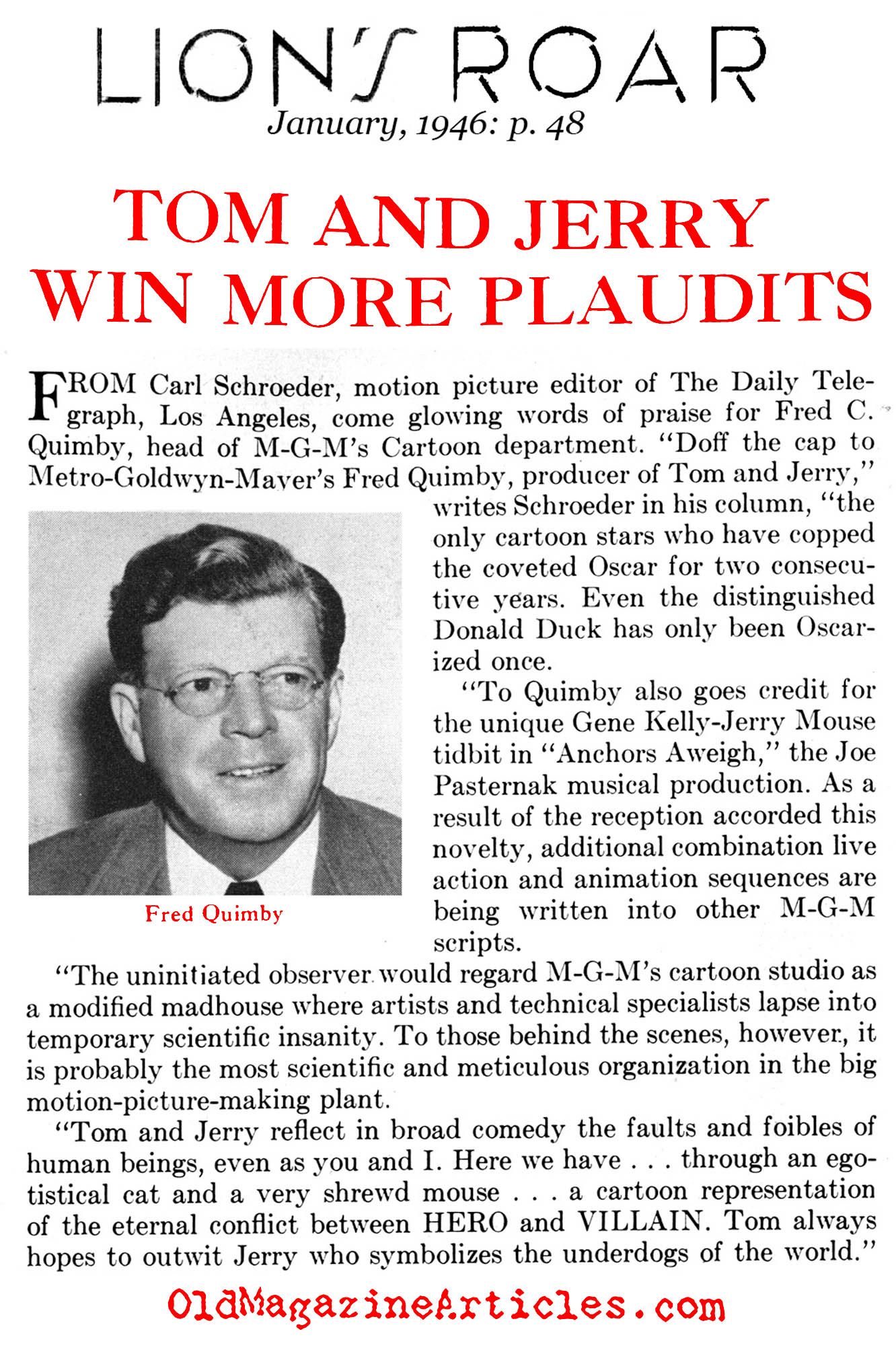SECOND OSCAR FOR TOM AND JERRY CARTOON,ACADEMY AWARDS FOR TOM AND JERRY  CARTOON SERIES,2ND ACADEMY AWARD FOR TOM AND JERRY CARTOON SERIES,ACADEMY  AWARD OF FRED QUIMBY, - Magazine Article - Old Magazine