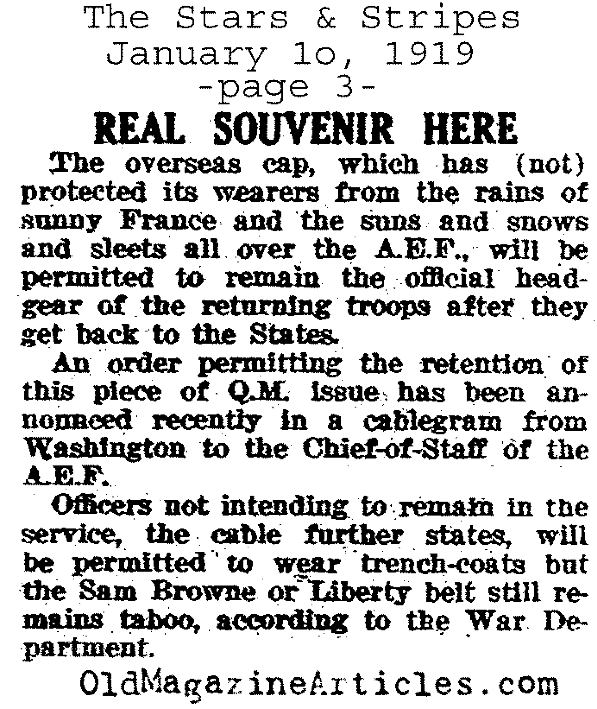 The W.W. I Overseas Cap Will Remain (Stars and Stripes, 1919)