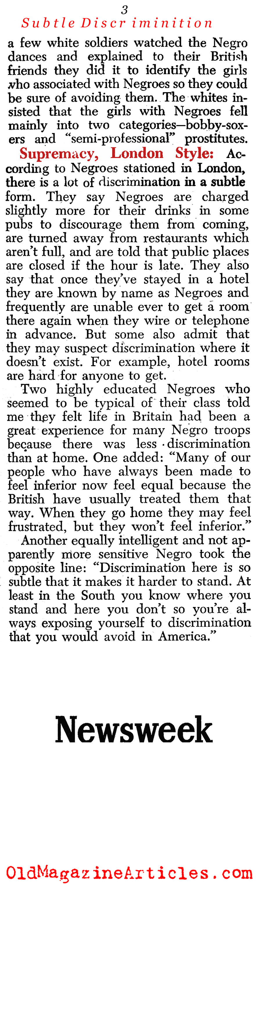 Discrimination Abroad (Newsweek Magazine, 1945)