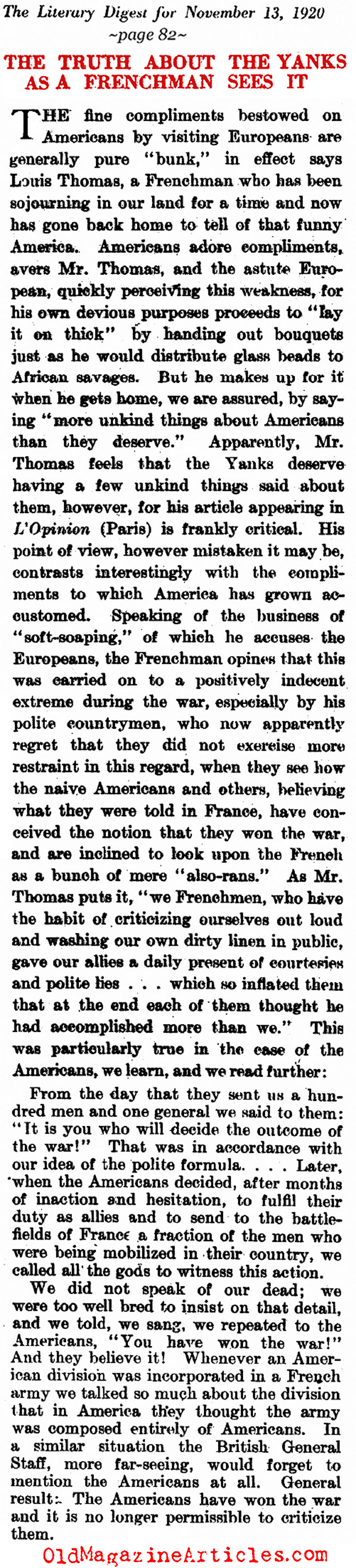 Post-War French Opinions About Their American Allies (Literary Digest, 1920)