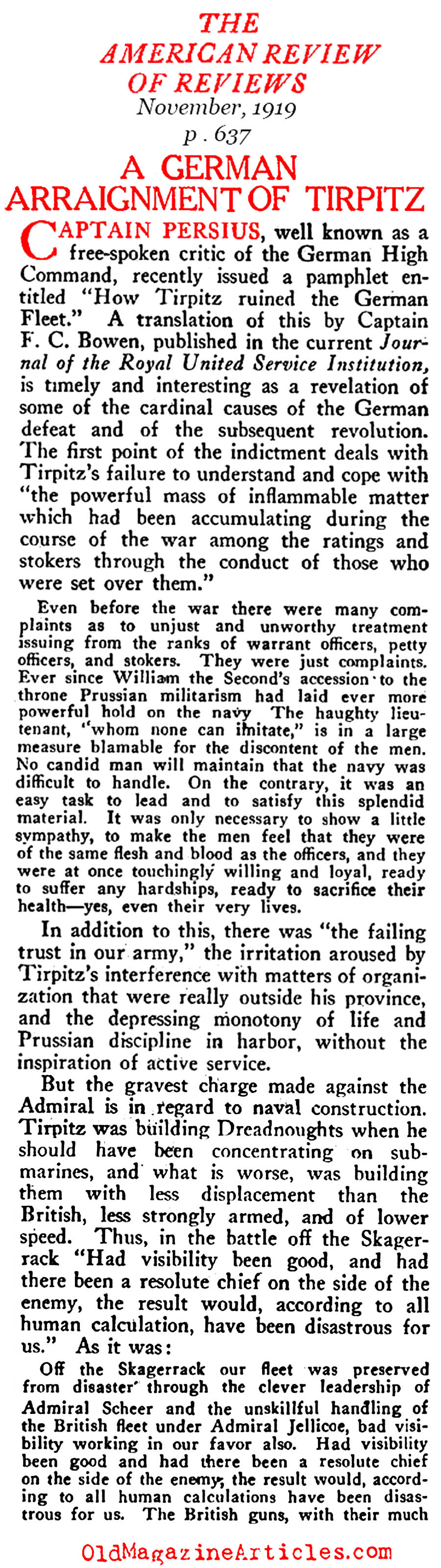 German Admiral Von Tirpitz Condemned (Review of Reviews, 1919)