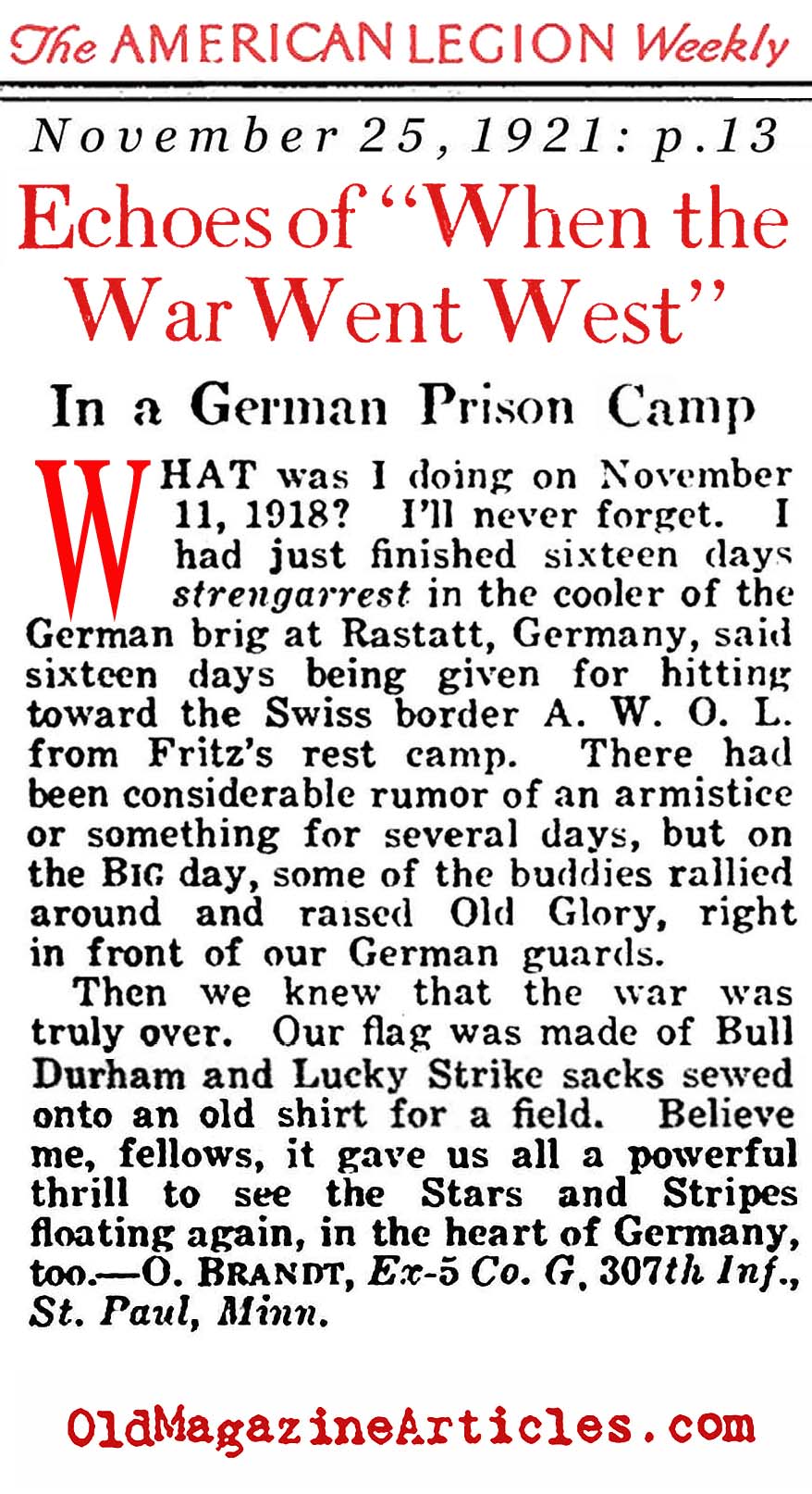 A POW Hears About The Armistice (American Legion Weekly, 1921)