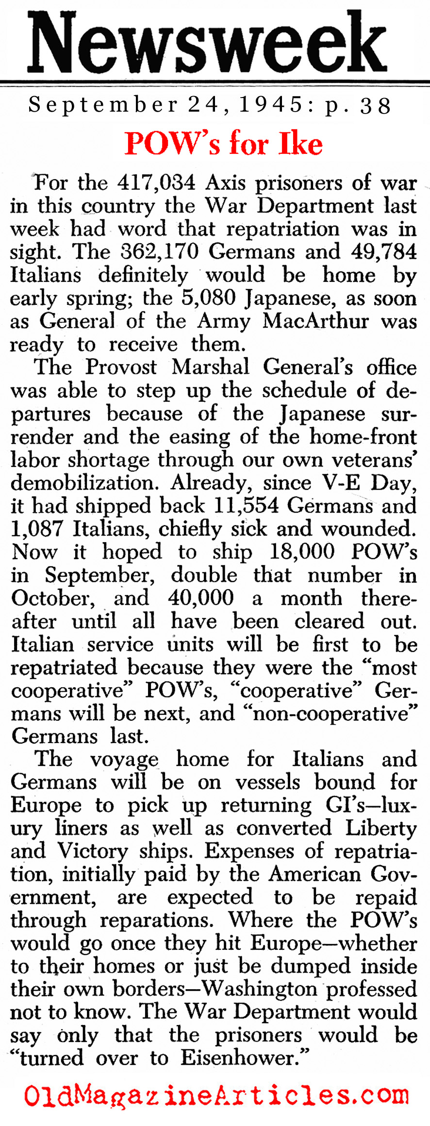 Repatriating The Axis PoWs (Newsweek Magazine, 1945)