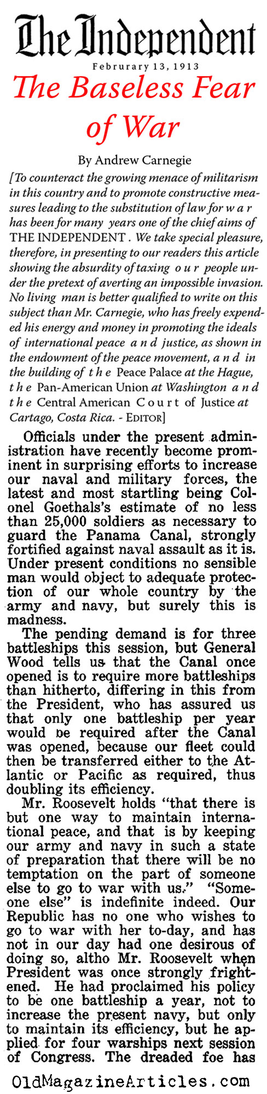 ''The Baseless Fear of War'' by Andrew Carnegie (The Independent, 1913)