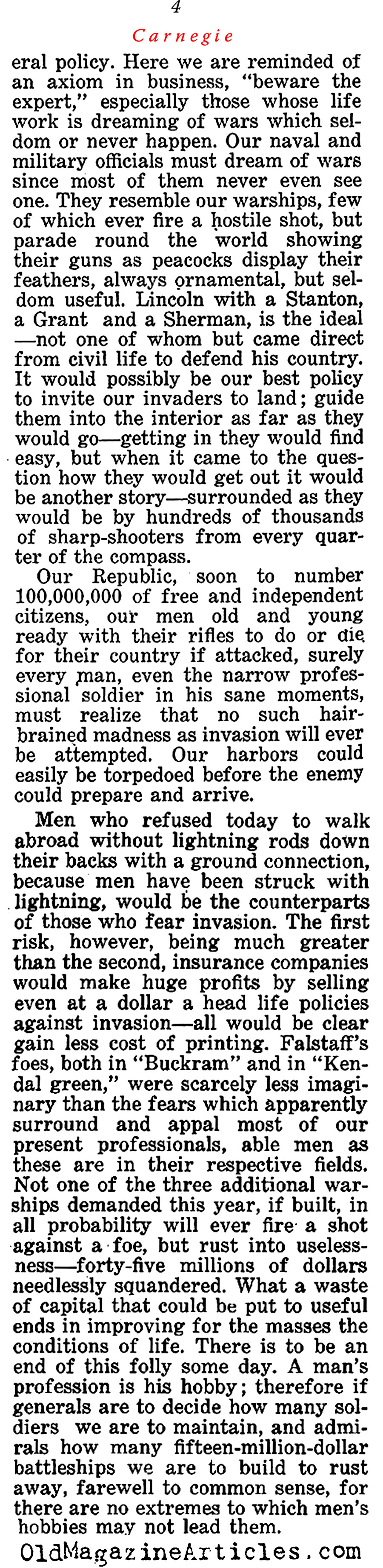 ''The Baseless Fear of War'' by Andrew Carnegie (The Independent, 1913)