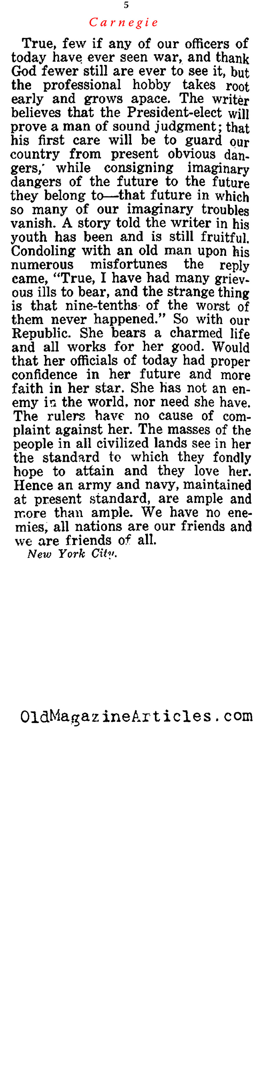 ''The Baseless Fear of War'' by Andrew Carnegie (The Independent, 1913)