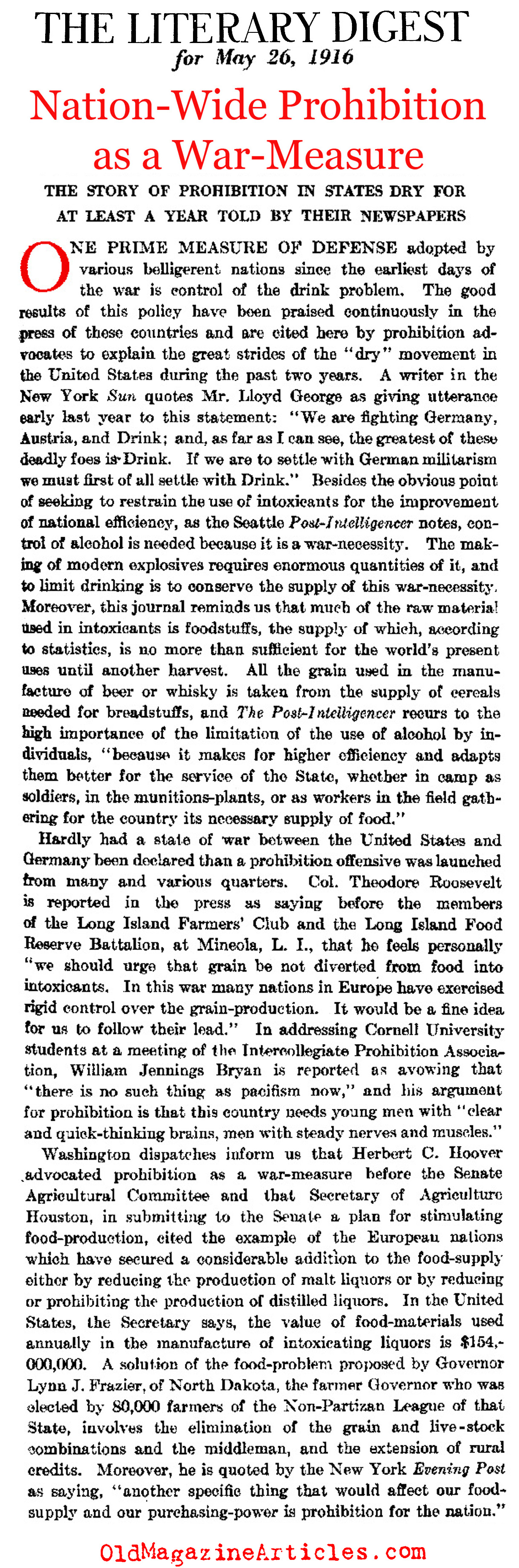 W.W. I and the Advancement of Prohibition (Literary Digest, 1916)