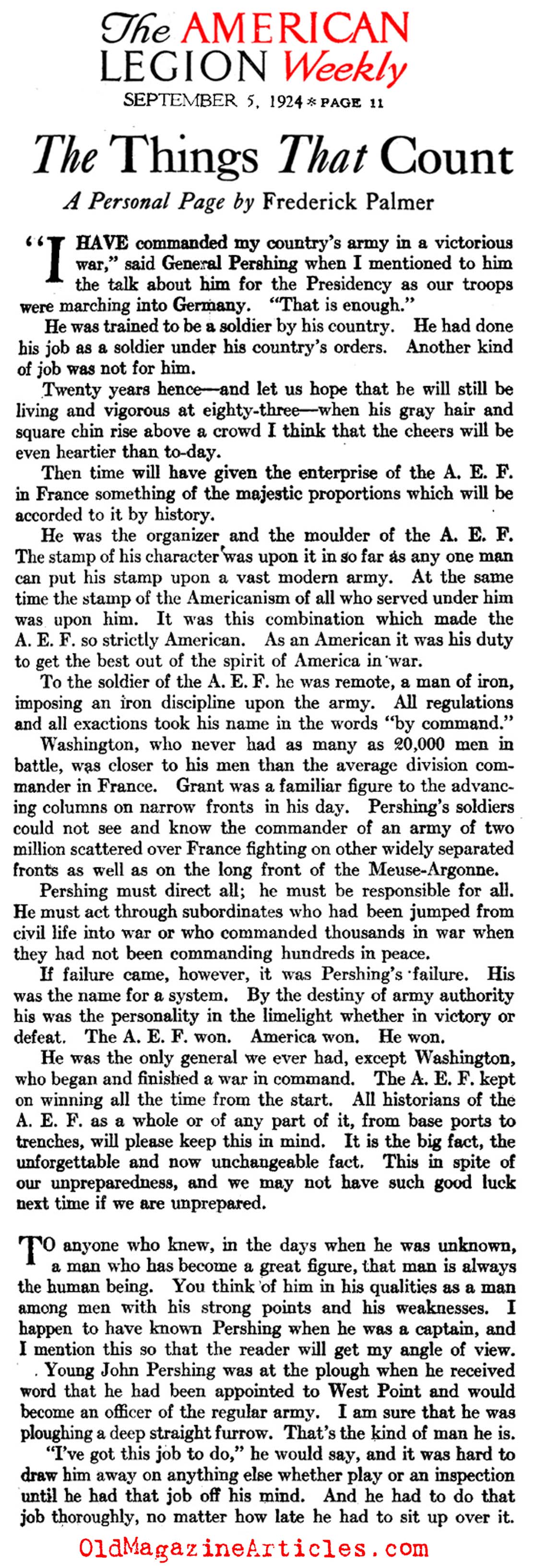 A Tribute to General Pershing (American Legion Weekly, 1924)