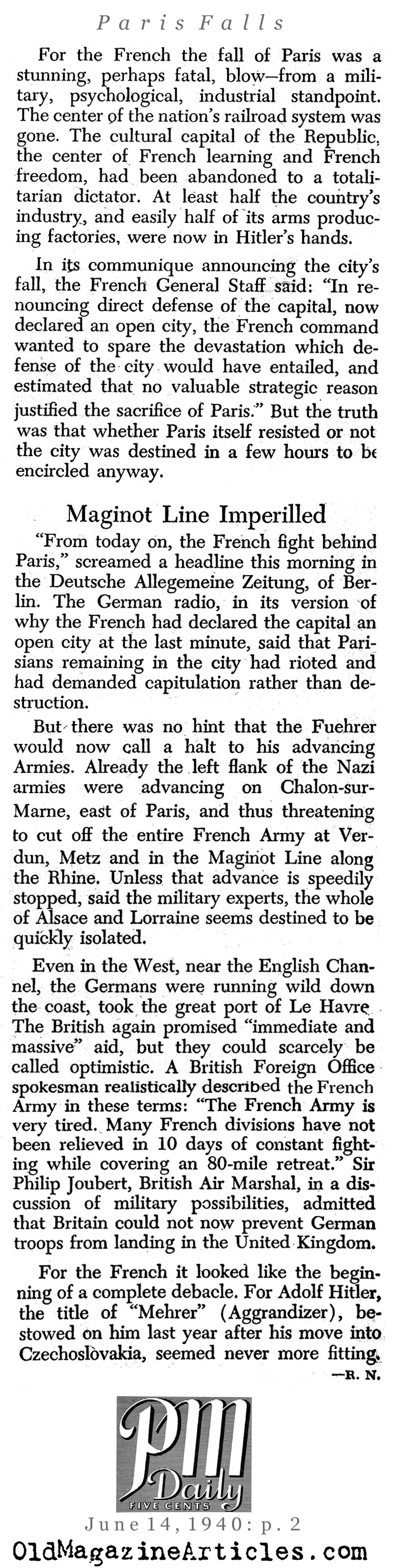 Nazis Take Paris (PM Tabloid, 1940)