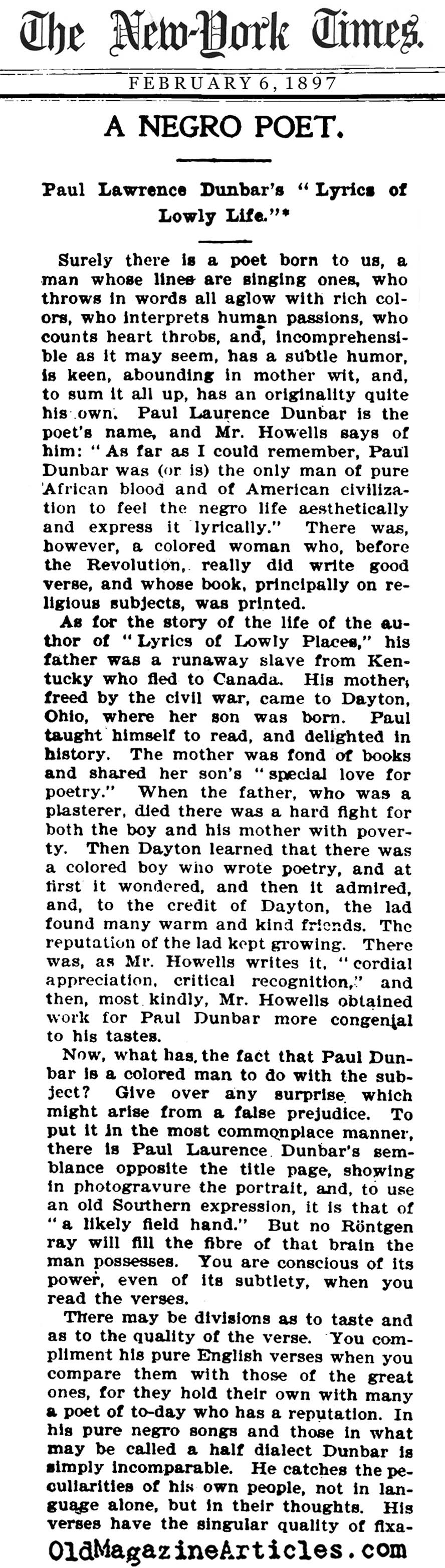 ''A Negro Poet'' (NY Times, 1897)