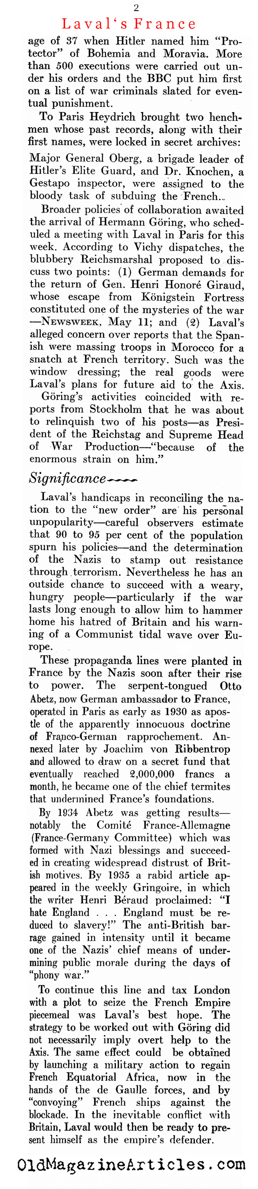 Laval's France (Newsweek Magazine, 1942)