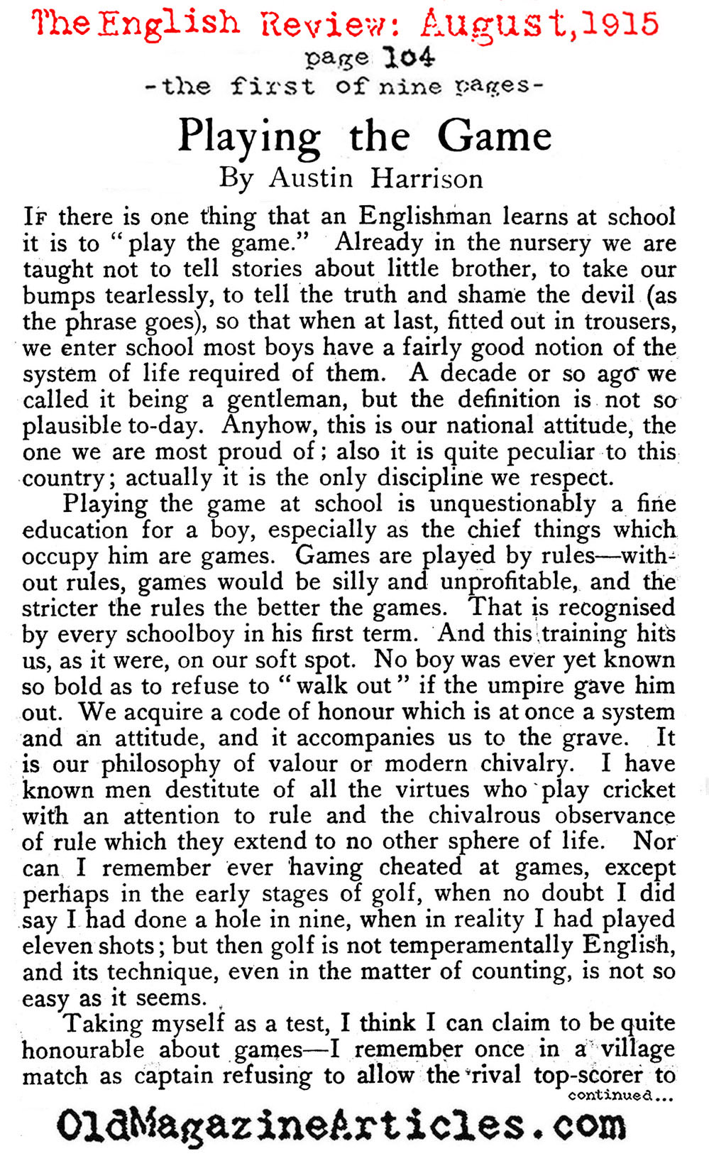 ''Playing the Game'' (The English Review, 1915)