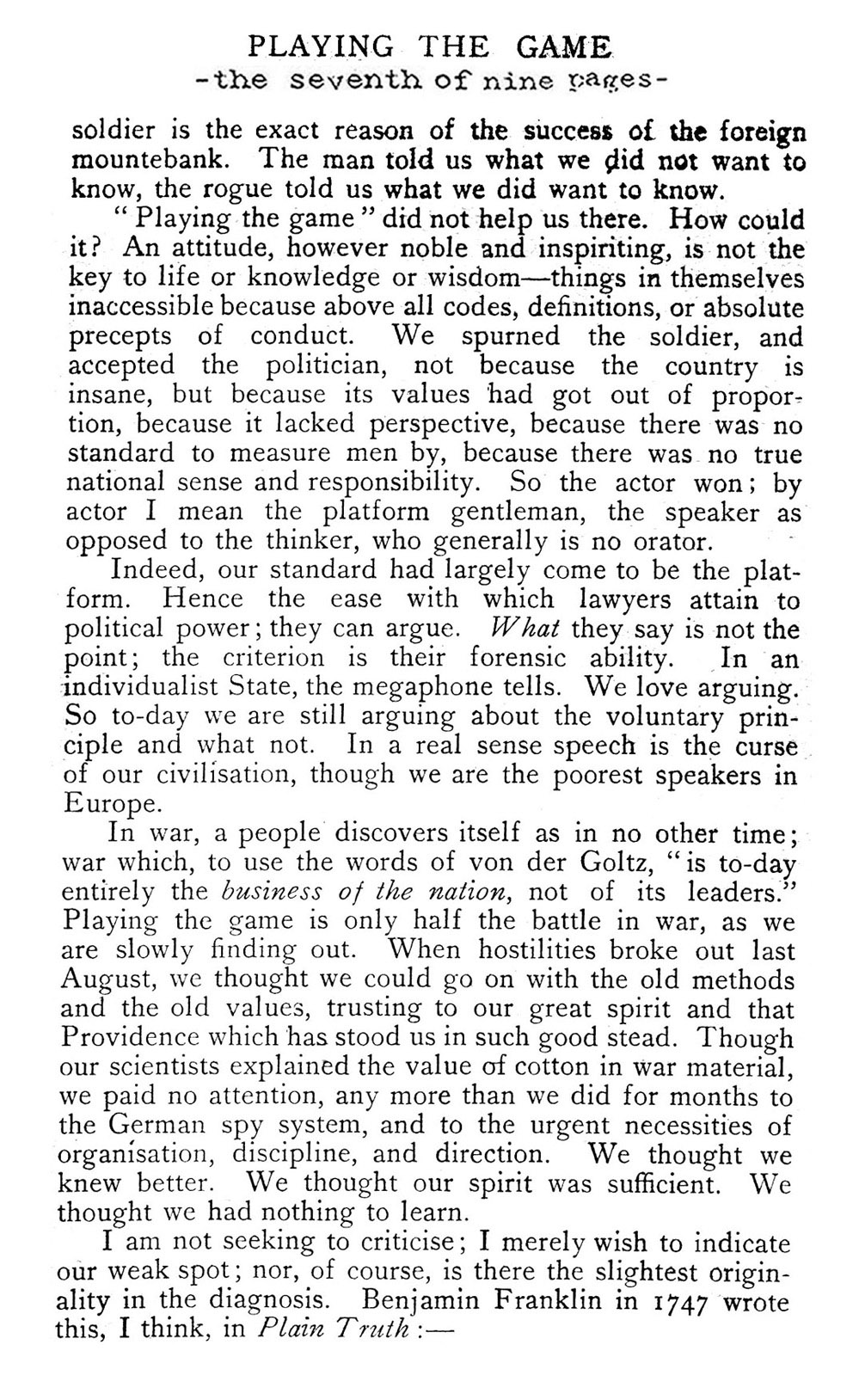 ''Playing the Game'' (The English Review, 1915)