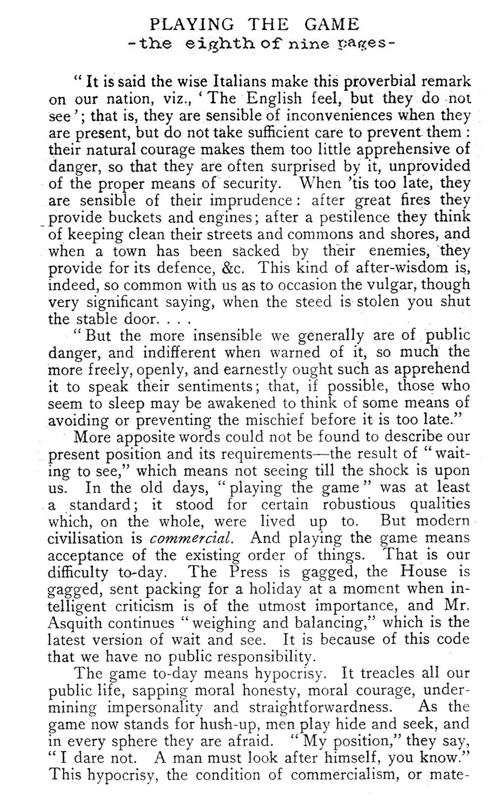 ''Playing the Game'' (The English Review, 1915)