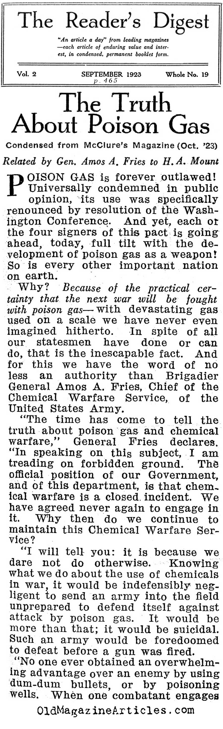 In Defense Of Chemical Warfare (Reader's Digest, 1923)