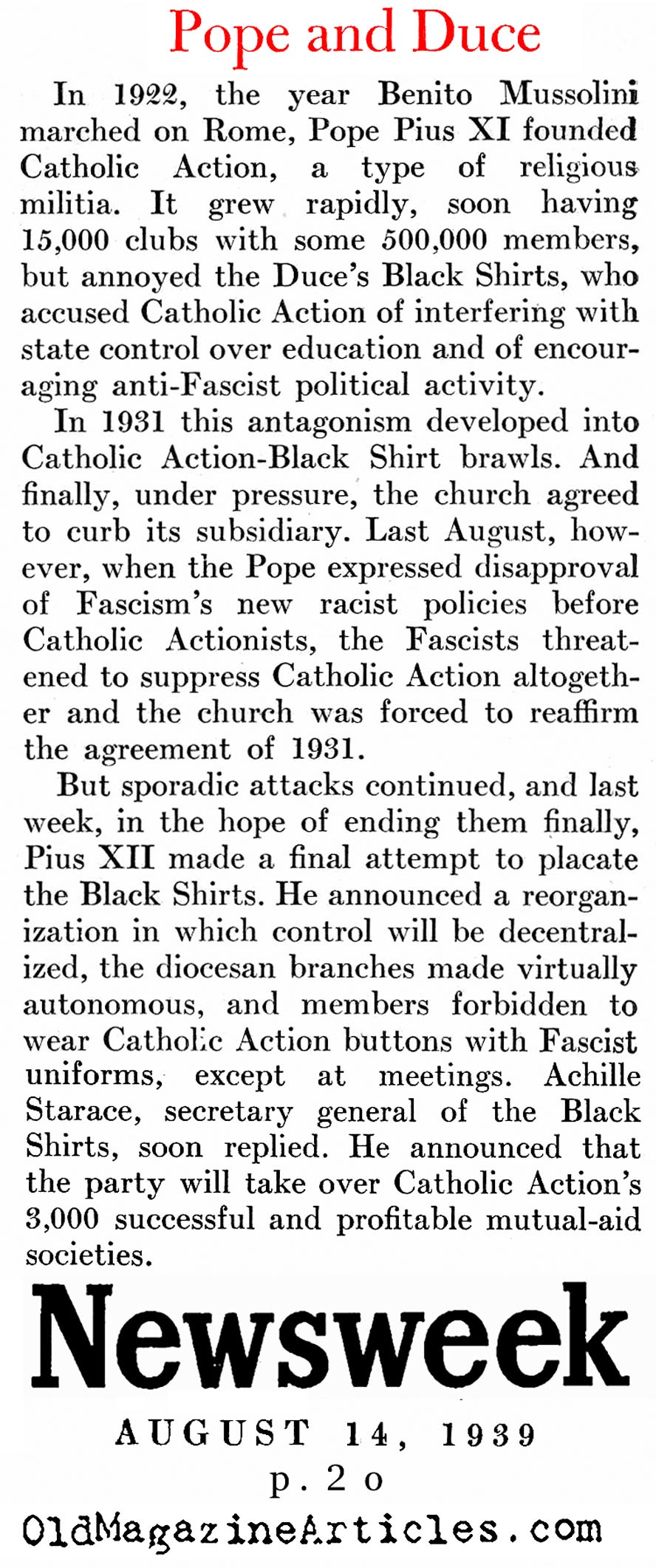 Musslolini And The Pope: Friction (Newsweek Magazine, 1939)