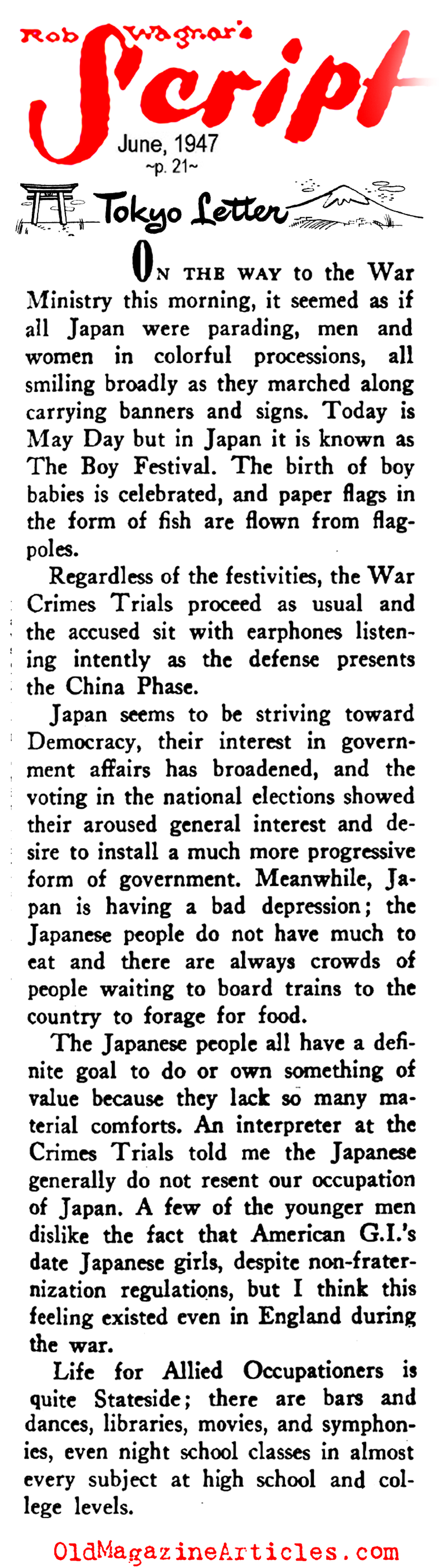 To Live in Occupied Tokyo (Rob Wagner's Script Magazine, 1947)