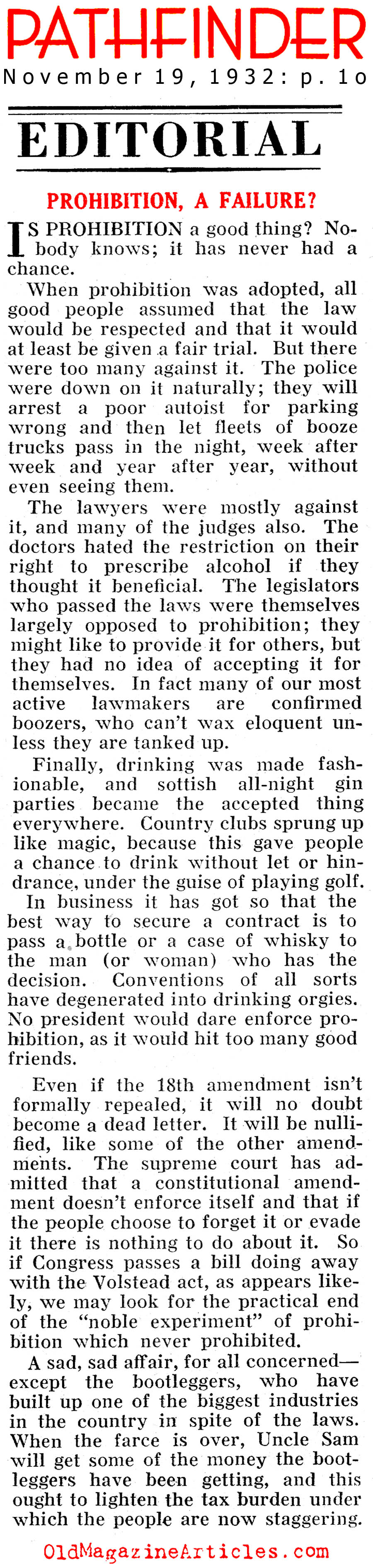 The Non-Success of Prohibition (Pathfinder Magazine, 1932)