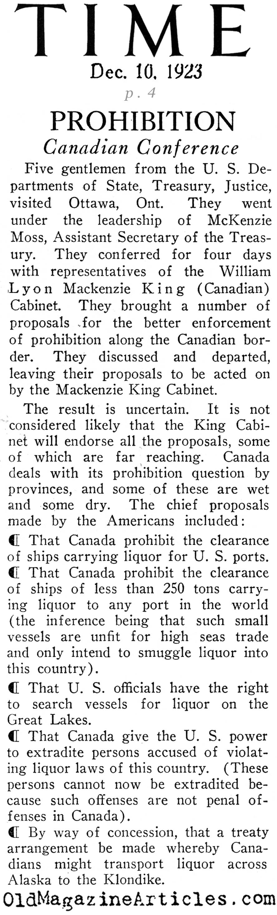Prohibition And Our Northern Neighbor (Time Magazine, 1923)