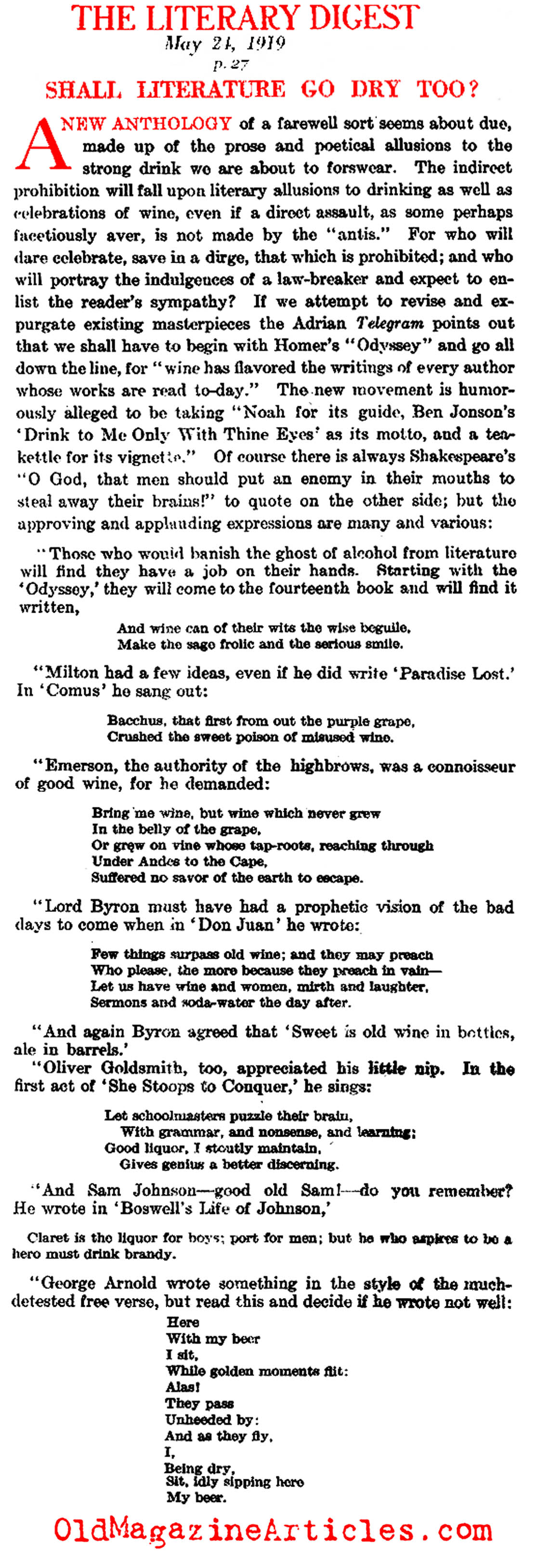 Farewell to Alcohol  (Literary Digest, 1919)