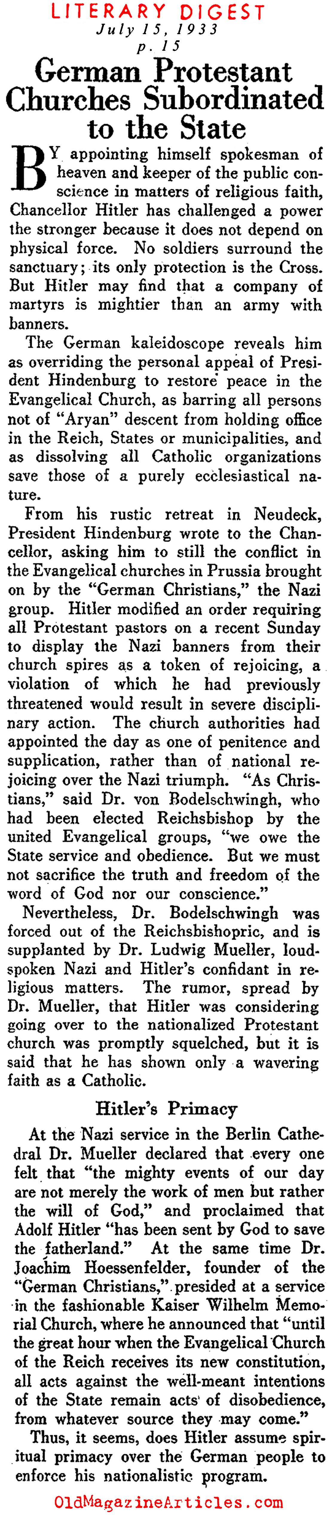 Protestant Churches Forced into Submission (Literary Digest, 1933)