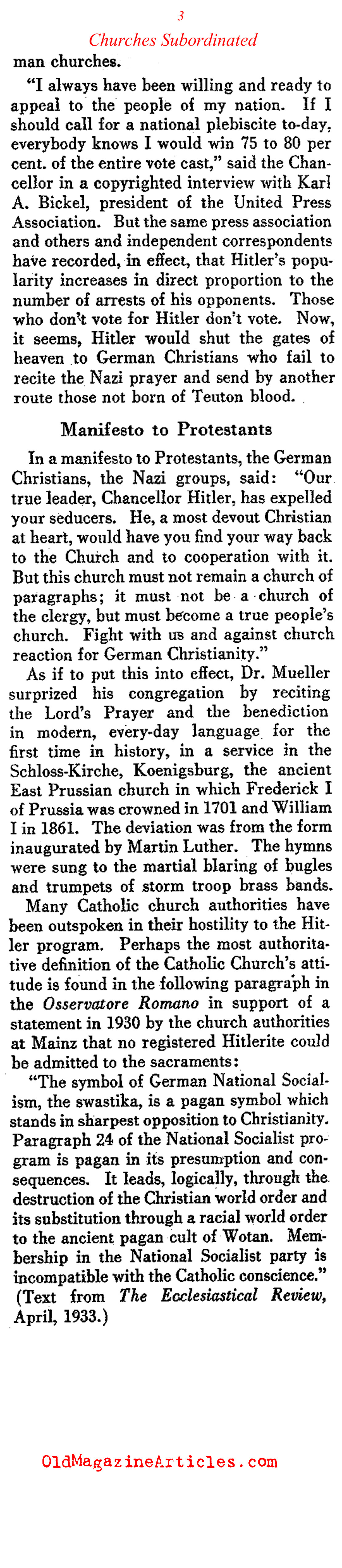 Protestant Churches Forced into Submission (Literary Digest, 1933)