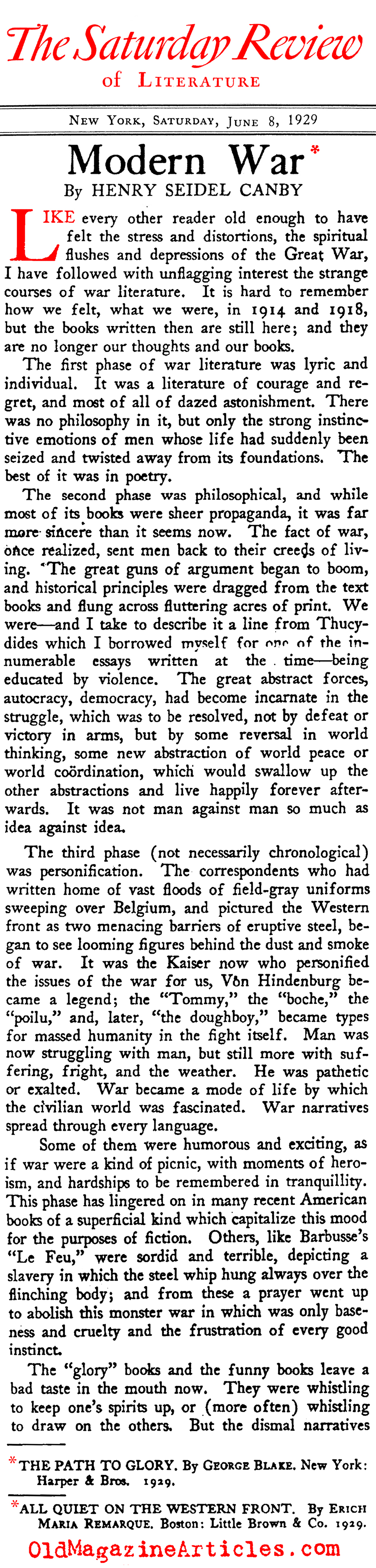All Quiet on the Western Front (Saturday Review of Literature, 1929)