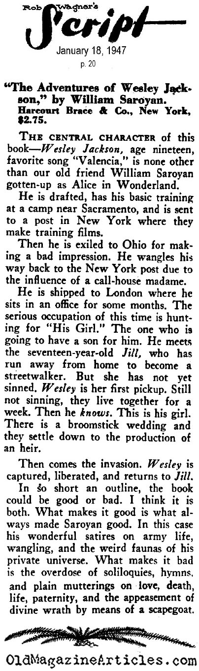 A Review of Saroyan's  <i>The Adventures of Wesley Jackson</i><BR>(Rob Wagner's Script, 1947)