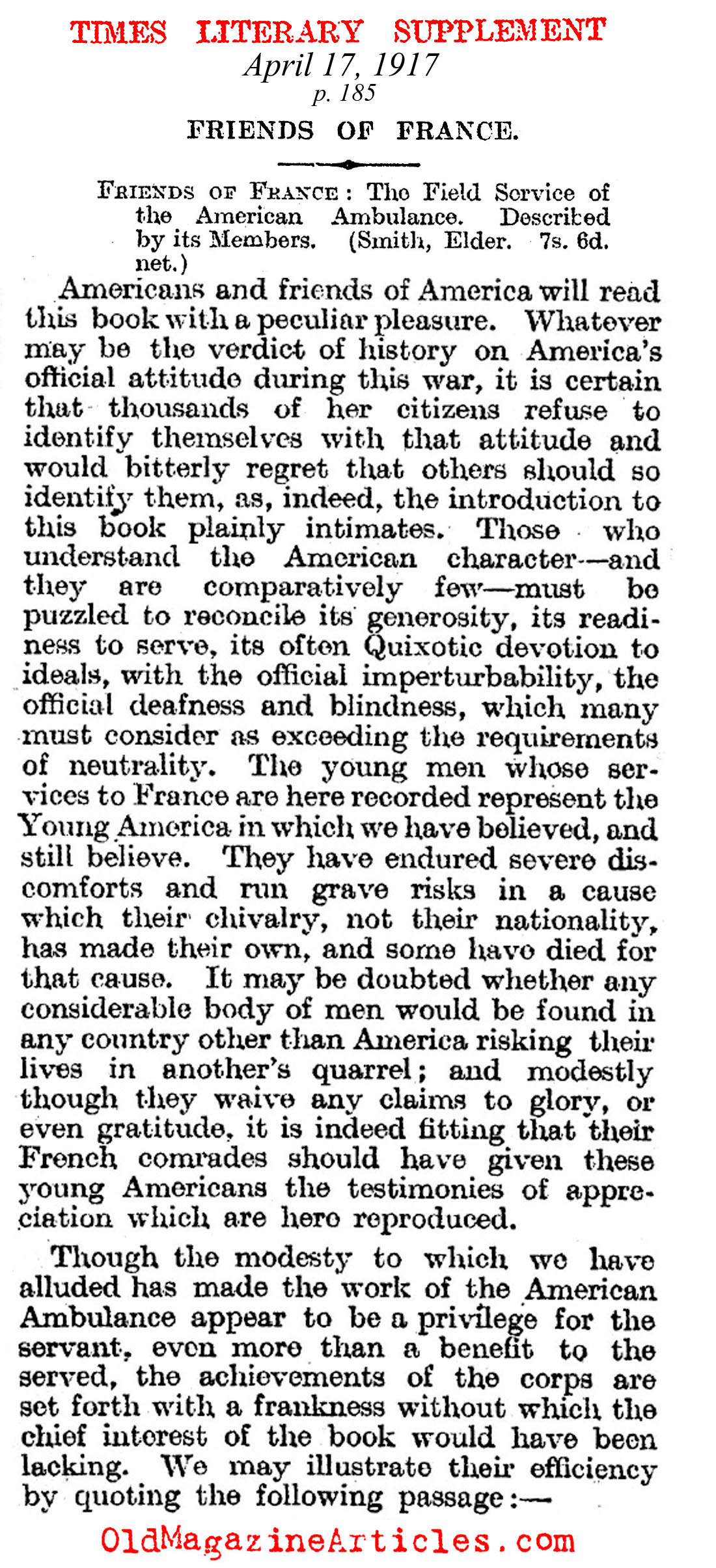 The Field Service of the American Ambulace (Times Literary Supplement, 1917)