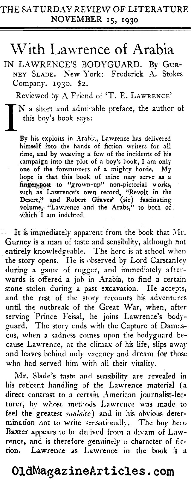 T.E. Lawrence of Arabia  (Saturday Review of Literature, 1930)