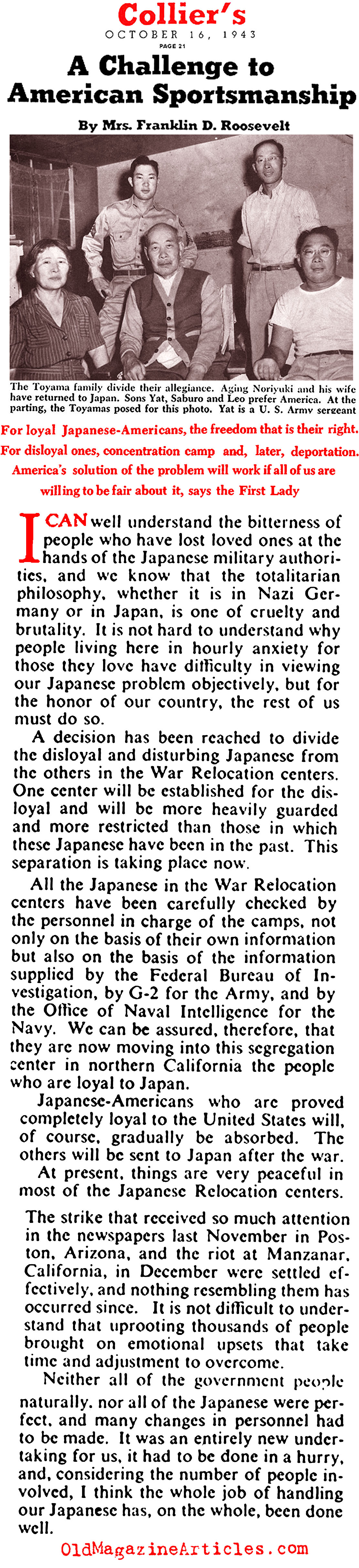 Eleanor Roosevelt on Japanese-American Internment (Collier's Magazine, 1943)