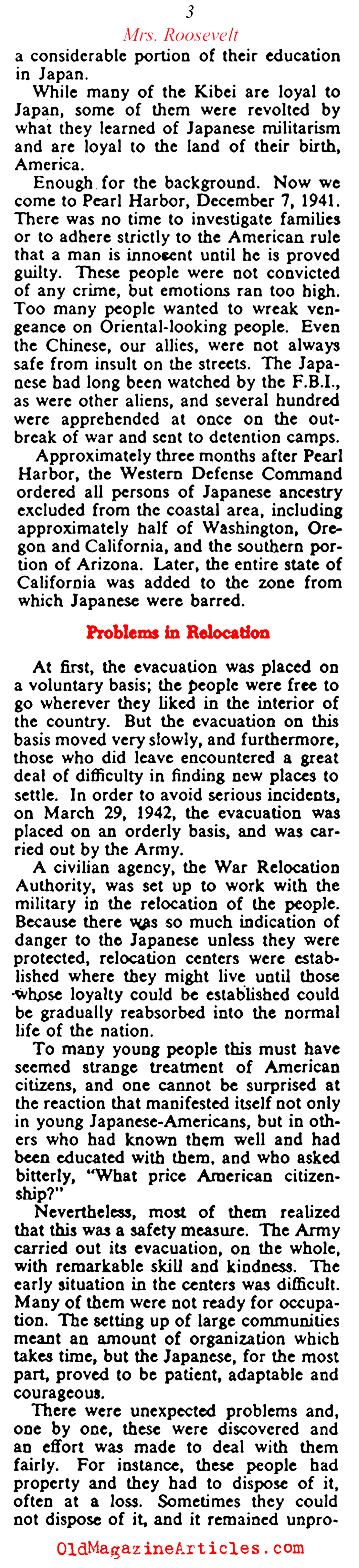 Eleanor Roosevelt on Japanese-American Internment (Collier's Magazine, 1943)