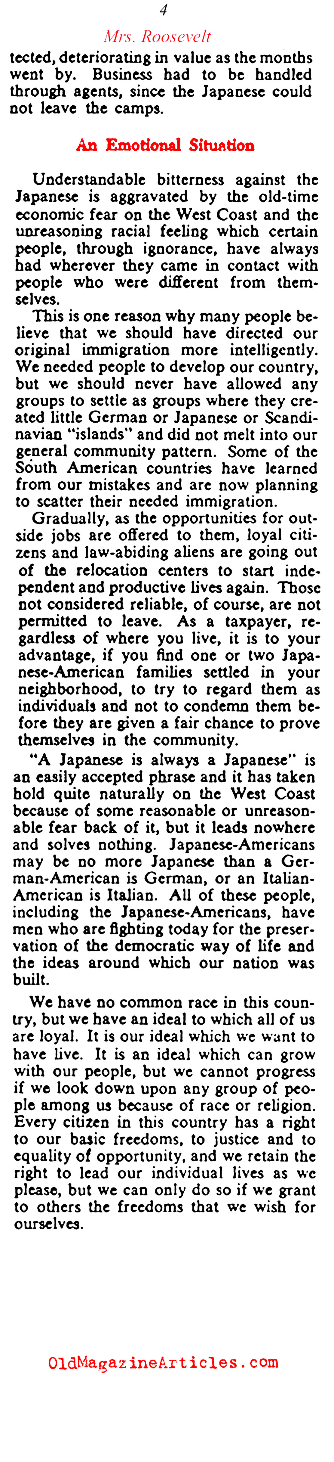 Eleanor Roosevelt on Japanese-American Internment (Collier's Magazine, 1943)