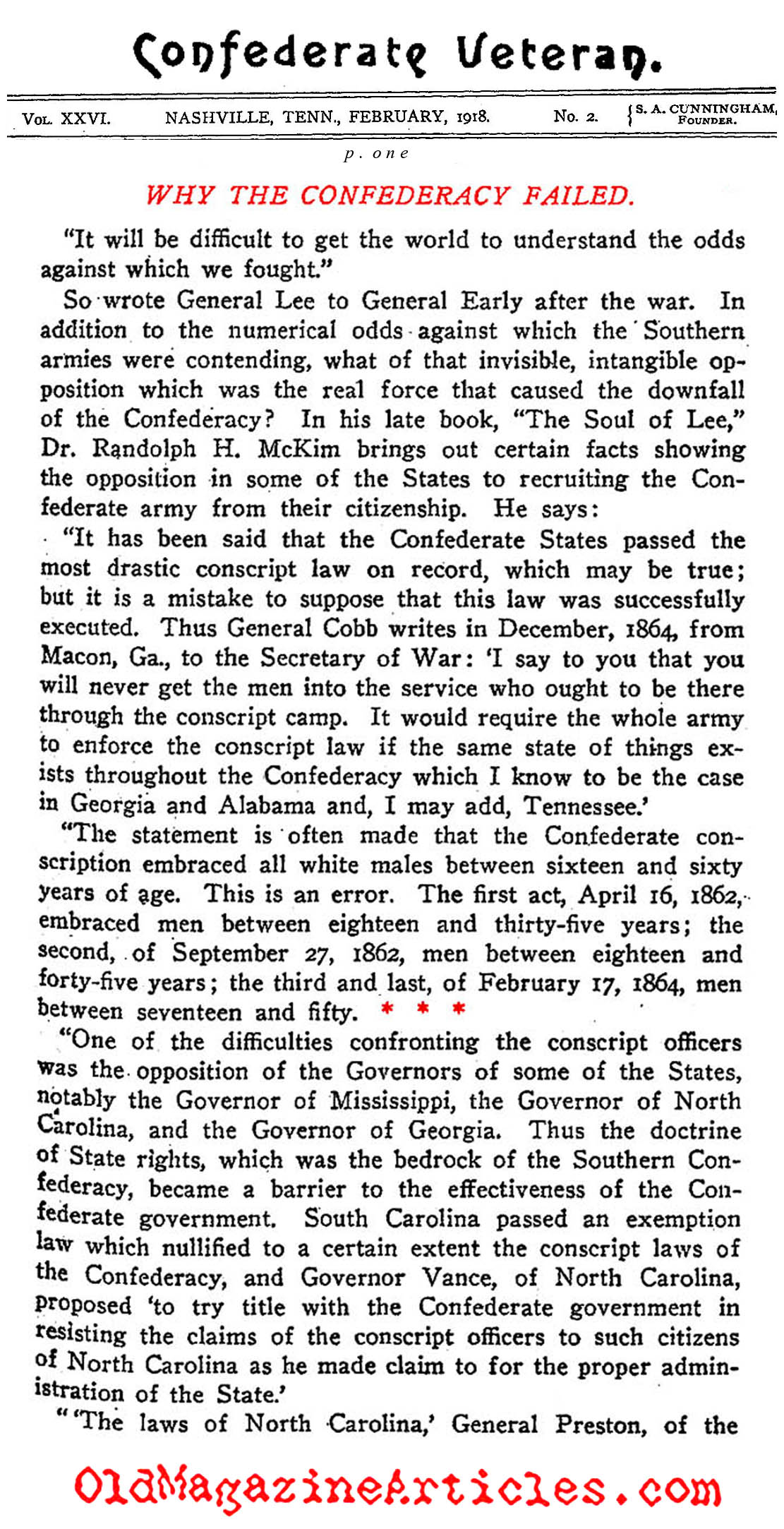 The Rebel Conscription Problem (Confederate Veteran Magazine, 1918)