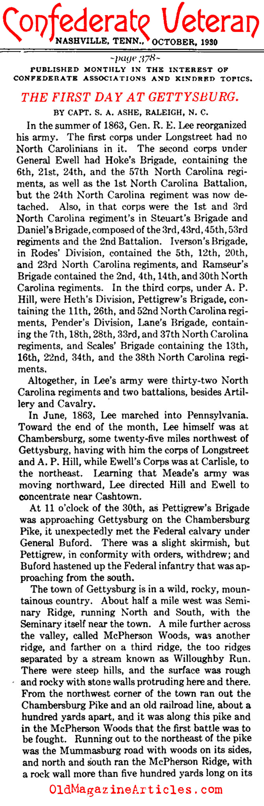 The North Carolina Presence at Gettysburg  (Confederate Veteran Magazine, 1930)