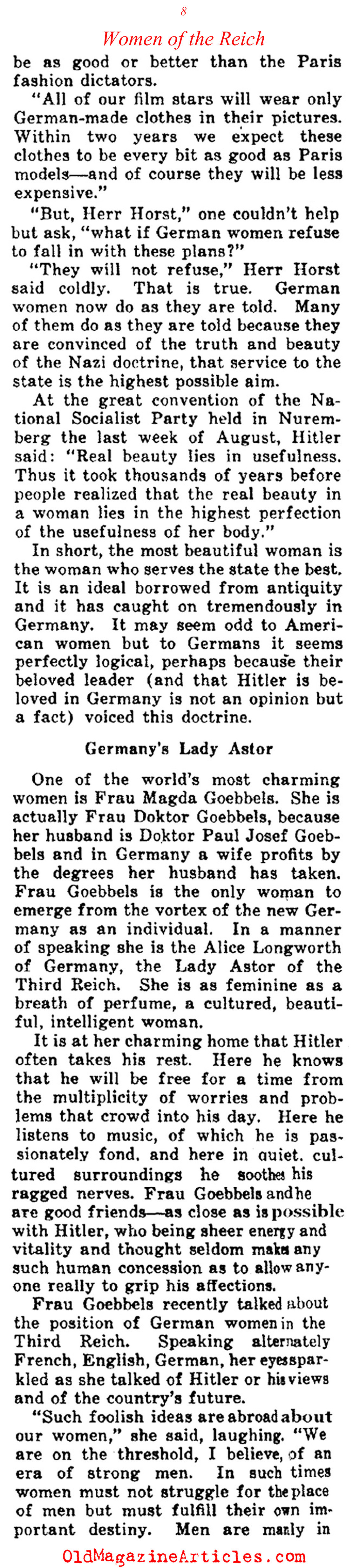 A Woman's Place Within the Third Reich (Collier's Magazine, 1933)