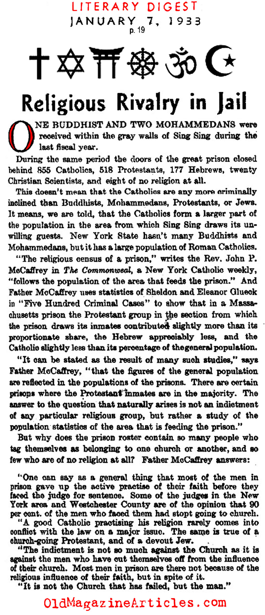 Religions at Sing Sing Prison (Literary Digest, 1933)