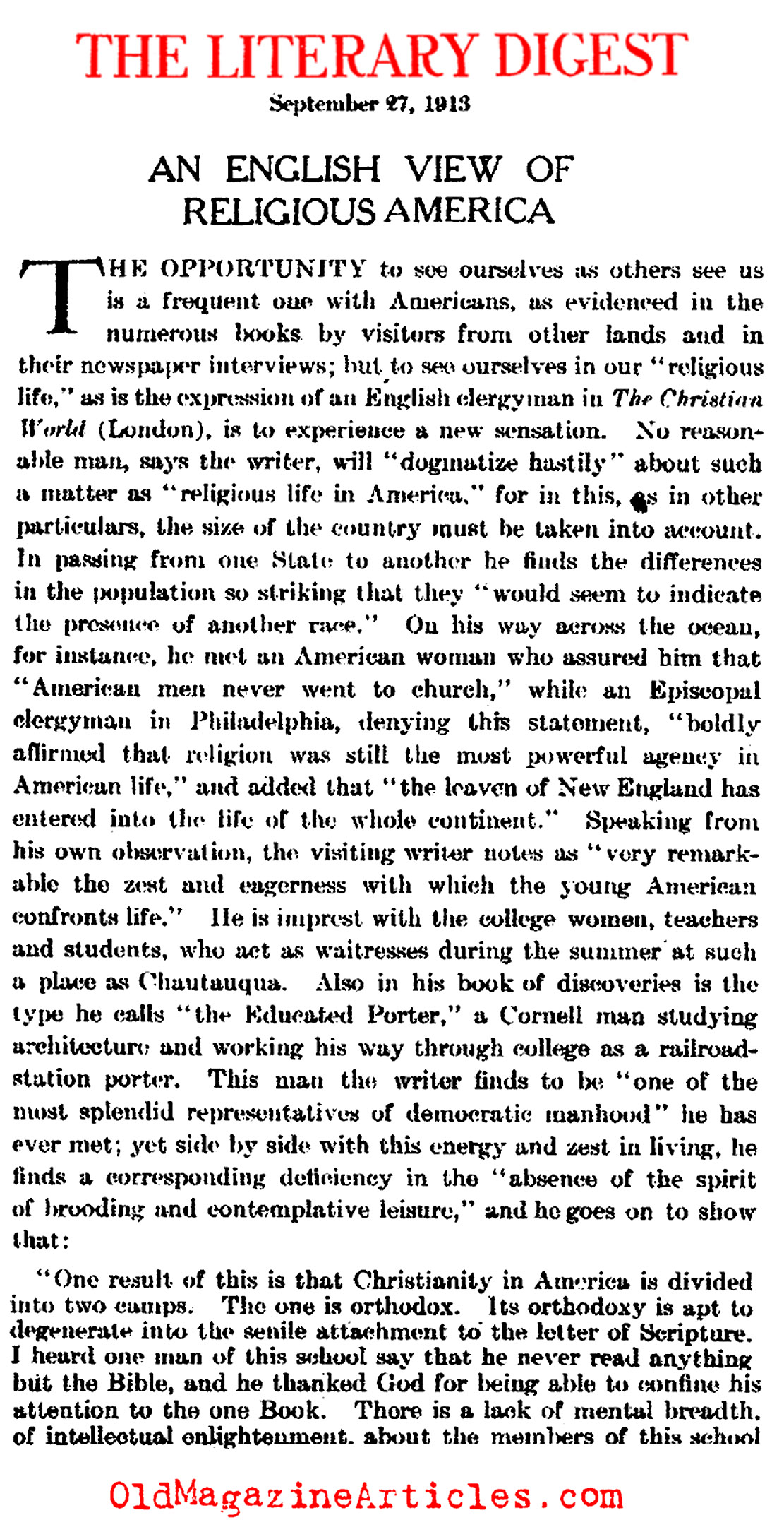 The British View of Religious America (Literary Digest, 1913)