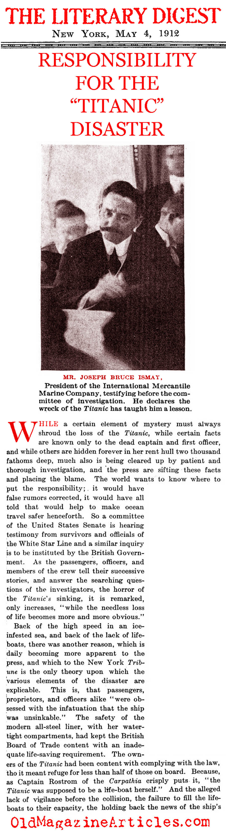 Responsibility for the <em>Titanic</em> Disaster  (The Literary Digest, 1912)