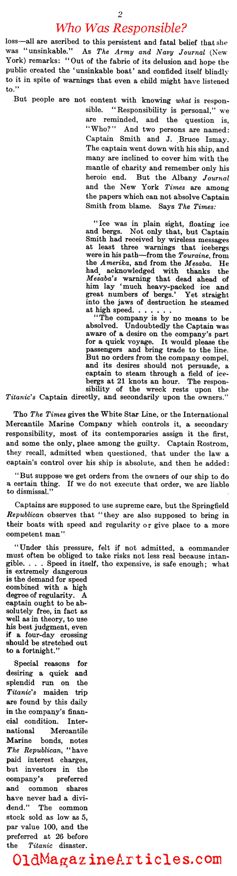 Responsibility for the <em>Titanic</em> Disaster  (The Literary Digest, 1912)