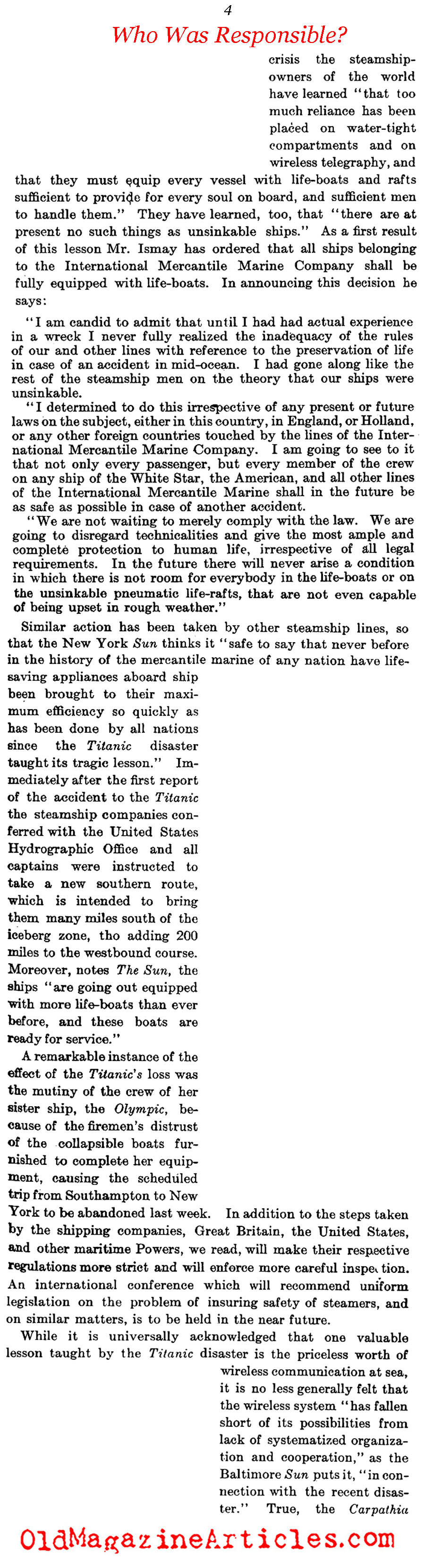 Responsibility for the <em>Titanic</em> Disaster  (The Literary Digest, 1912)