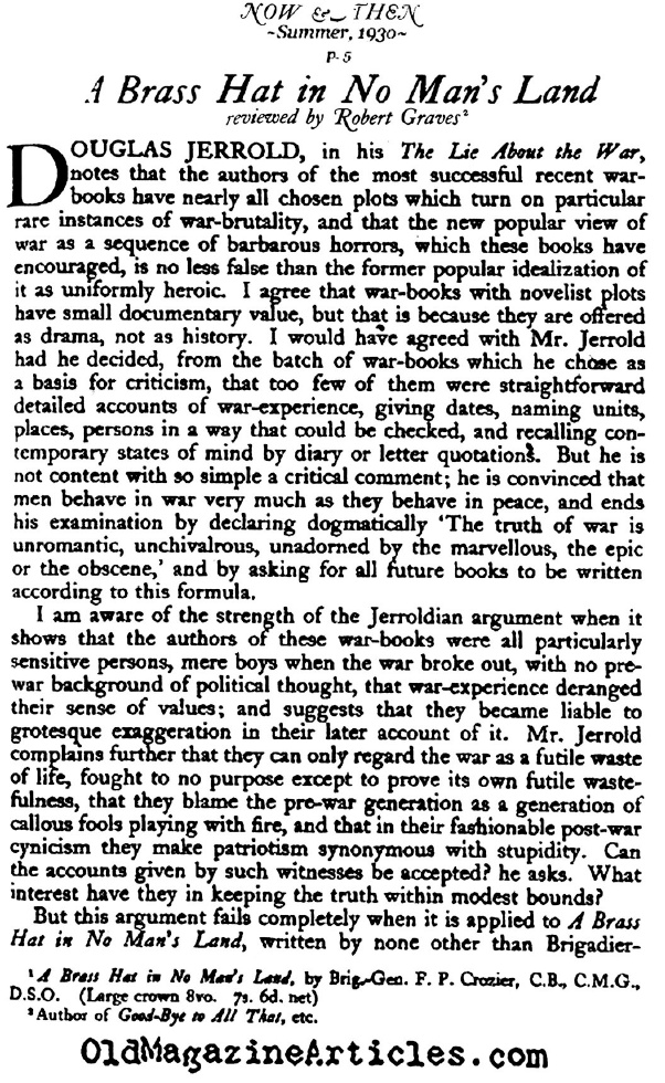 ''A Brass Hat in No Man's Land'' - Reviewed by Robert Graves (Now & Then, 1930)